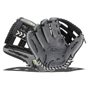 Front view of a gray Wilson A2K baseball glove with black lacing and "PRO-STOCK SELECT 1810 12.75" text.