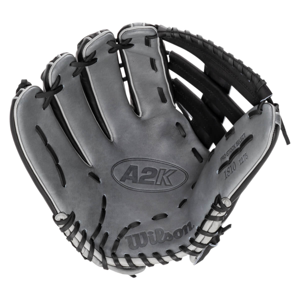 Interior view of a gray Wilson A2K baseball glove with black lacing and "PRO-STOCK SELECT 1810 12.75" text.