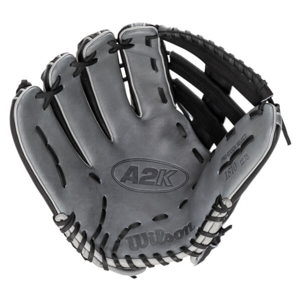 Interior view of a gray Wilson A2K baseball glove with black lacing and "PRO-STOCK SELECT 1810 12.75" text.