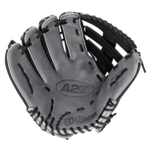 Interior view of a gray Wilson A2K baseball glove with black lacing and "PRO-STOCK SELECT 1810 12.75" text.