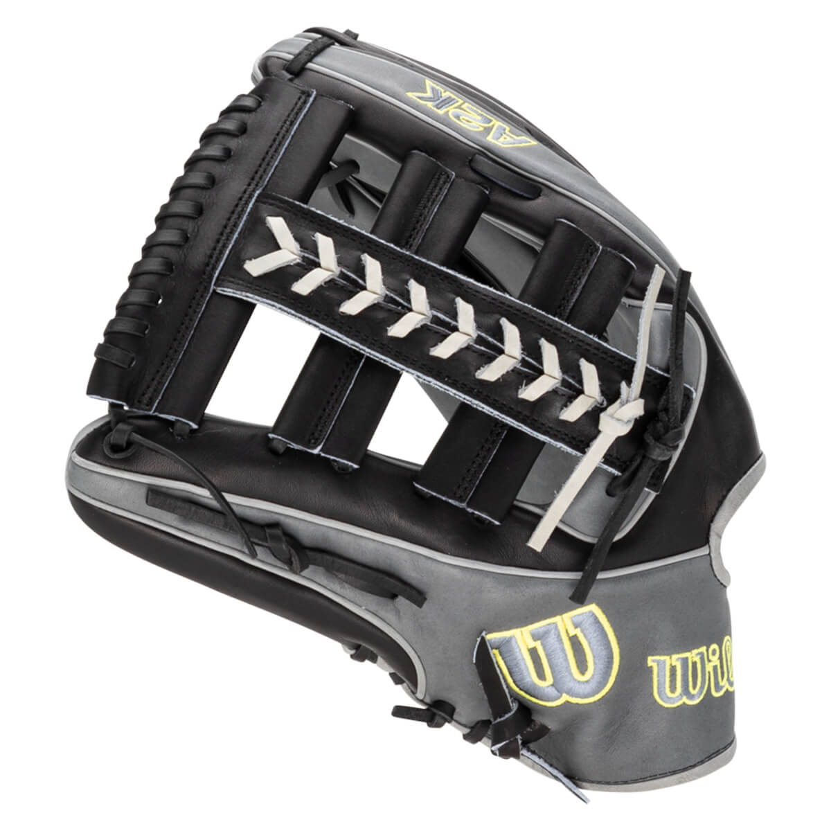 Side view of a black and gray baseball glove with white stitching and "A2K" and "Wilson" logos.