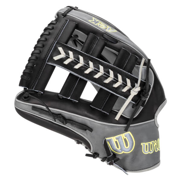 Side view of a black and gray baseball glove with white stitching and "A2K" and "Wilson" logos.