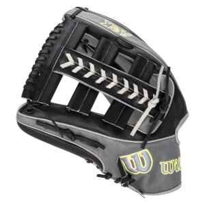 Side view of a black and gray baseball glove with white stitching and "A2K" and "Wilson" logos.
