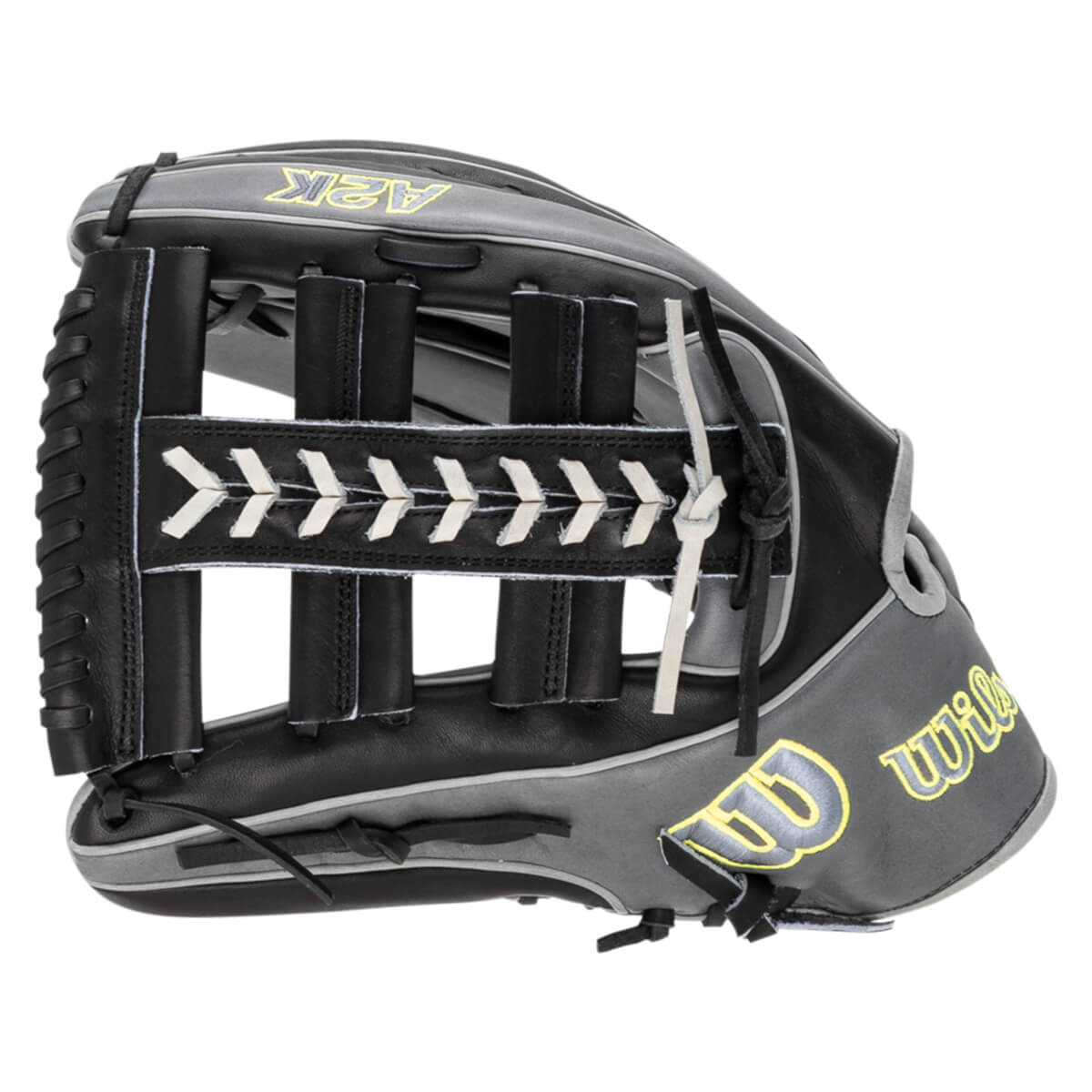Side view of a black and gray baseball glove with yellow "A2K" and "Wilson" logos and white lacing.