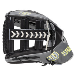 Side view of a black and gray baseball glove with yellow "A2K" and "Wilson" logos and white lacing.