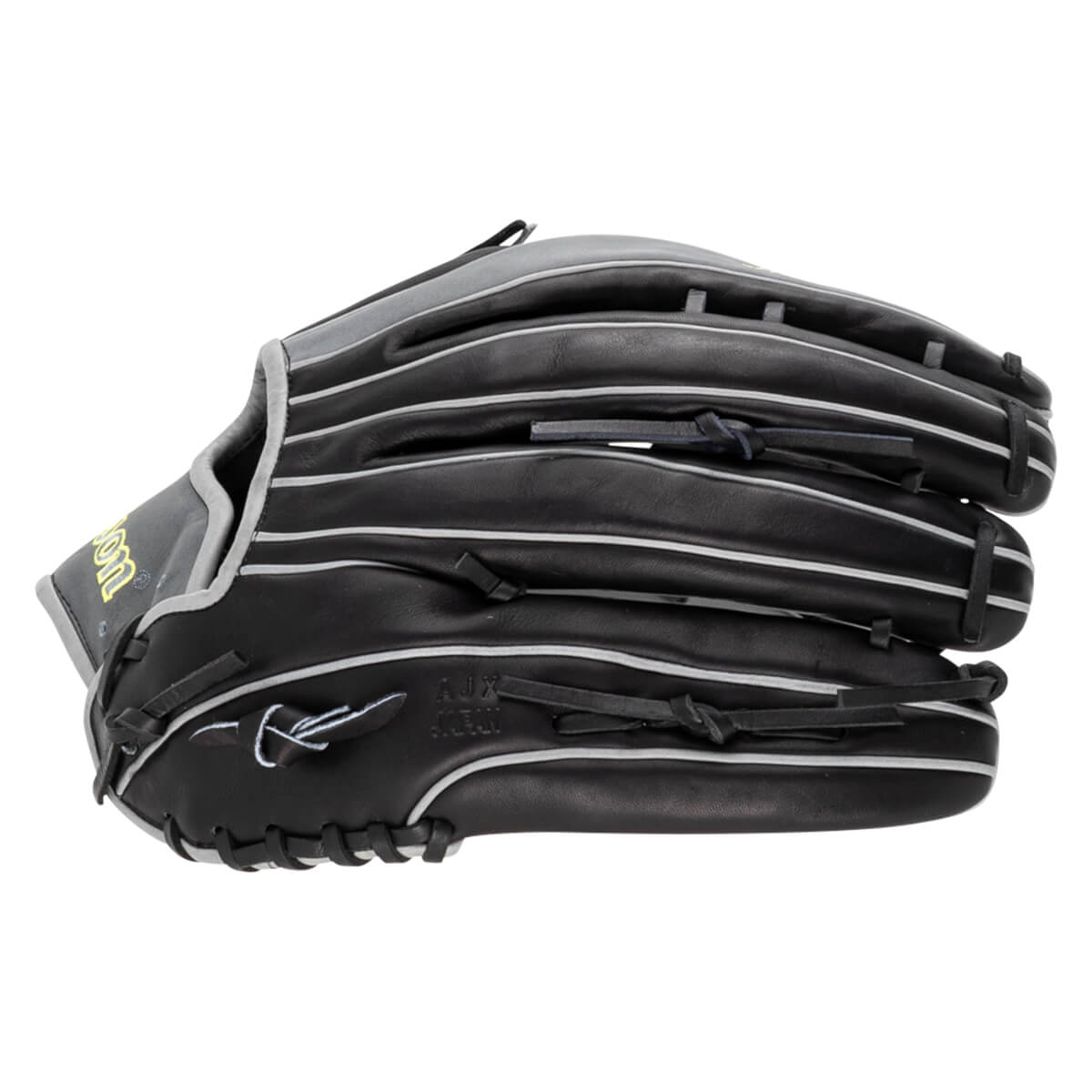 Side view of a black baseball glove with gray trim and white stitching, showing the "AJX JAPAN" text.