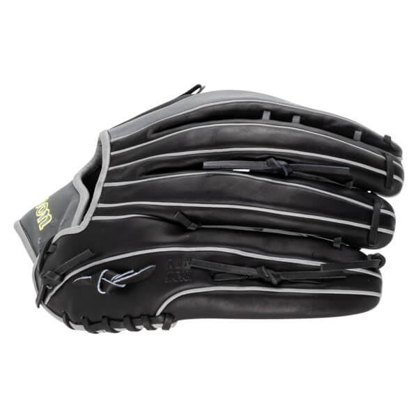 Side view of a black baseball glove with gray trim and white stitching, showing the "AJX JAPAN" text.