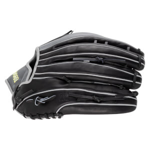 Side view of a black baseball glove with gray trim and white stitching, showing the "AJX JAPAN" text.