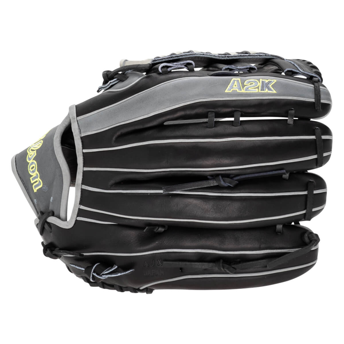 Front view of a black Wilson A2K baseball glove with grey accents and white stitching.