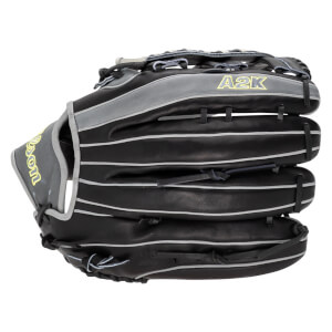 Front view of a black Wilson A2K baseball glove with grey accents and white stitching.
