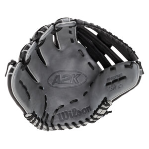 Top-down view of a gray Wilson A2K baseball glove with black lacing and "1810 12.75" embossed on the palm.