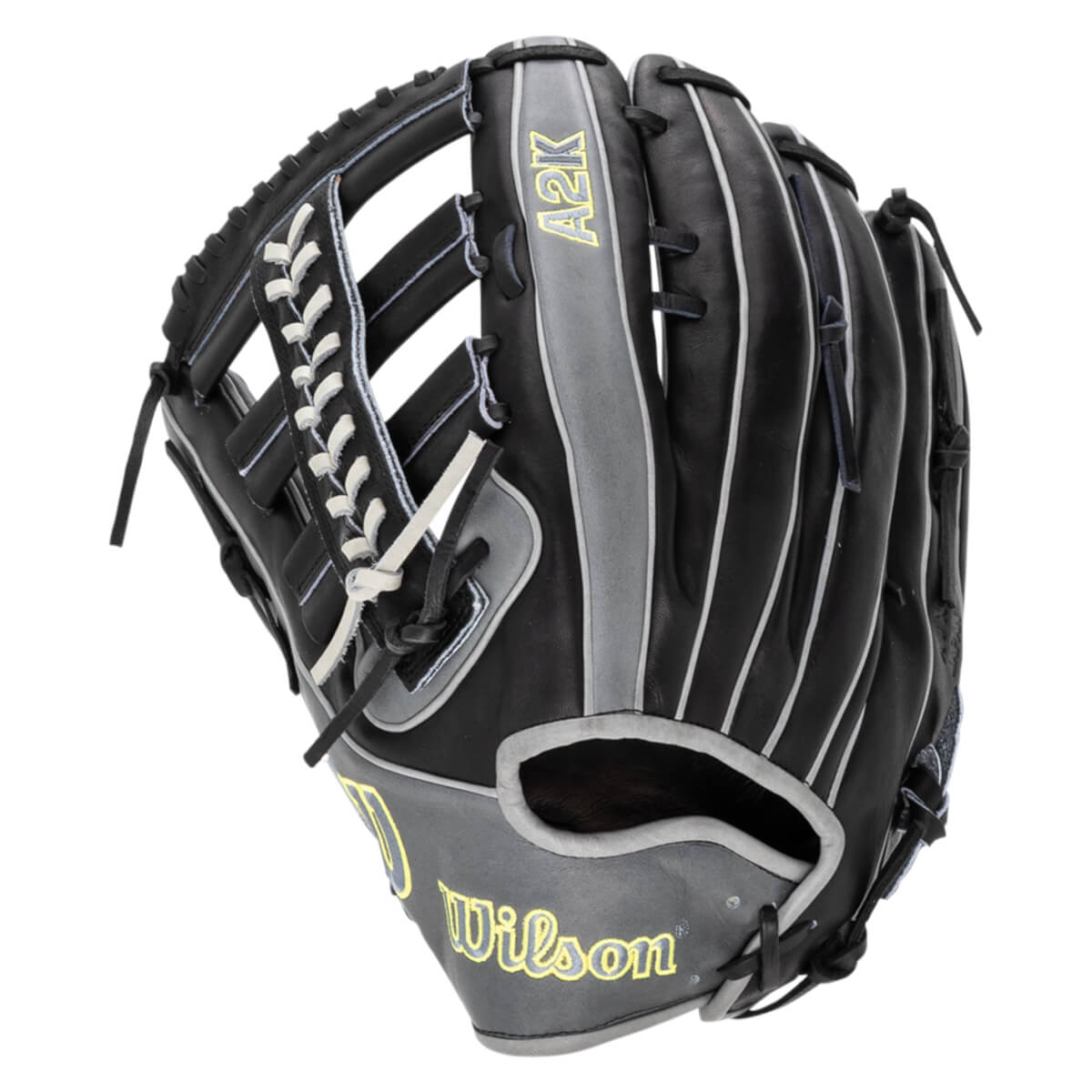 Side view of a black Wilson A2K baseball glove with grey accents and yellow stitching.