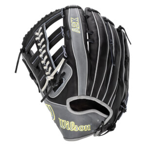 Side view of a black Wilson A2K baseball glove with grey accents and yellow stitching.