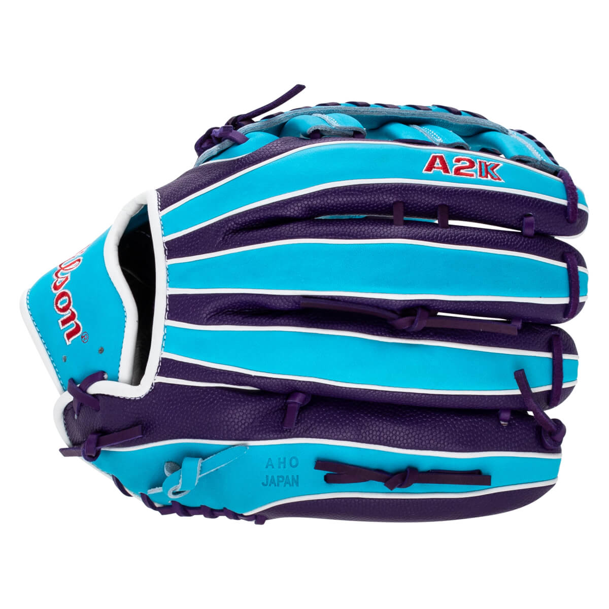 Back view of a cyan and purple baseball glove with white piping, featuring the Wilson and A2K logos and AHO JAPAN text.