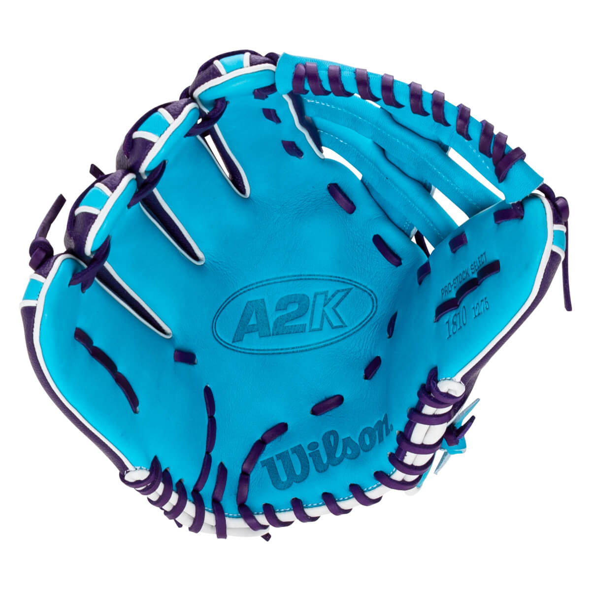 Front view of a cyan blue baseball glove with purple lacing and white trim, featuring "A2K" and "Wilson" text prominently on the palm.
