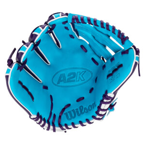 Front view of a cyan blue baseball glove with purple lacing and white trim, featuring "A2K" and "Wilson" text prominently on the palm.