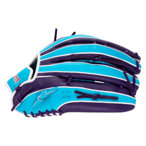 Profile view of a baseball glove featuring alternating cyan and purple panels with white trim and "AHO JAPAN" stamped on the side.