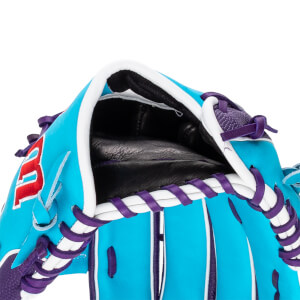 Close-up view of the wrist opening on a cyan baseball glove featuring purple laces, white trim, and a red and white Wilson W logo.