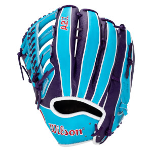 Back view of a purple and turquoise Wilson A2K baseball glove featuring white piping and the Wilson logo embroidered on the wrist strap.
