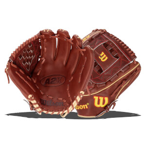 Front view of a brown Wilson A2K baseball glove with red stitching and a yellow "W" logo.