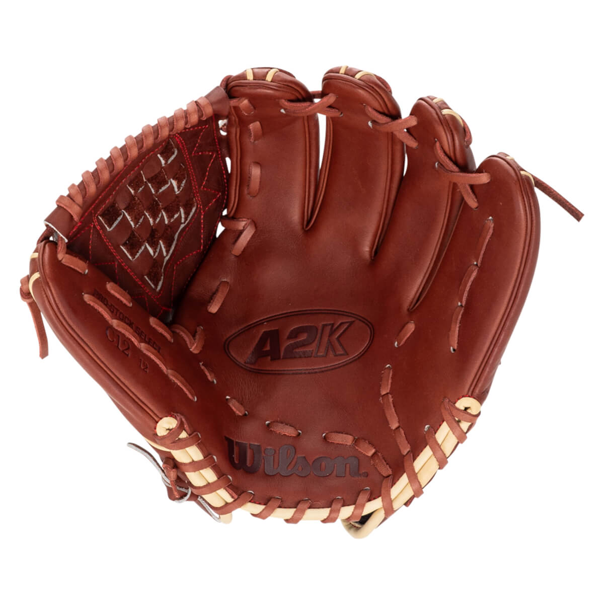 Top-down view of a brown leather baseball glove with "A2K" and "Wilson" logos.