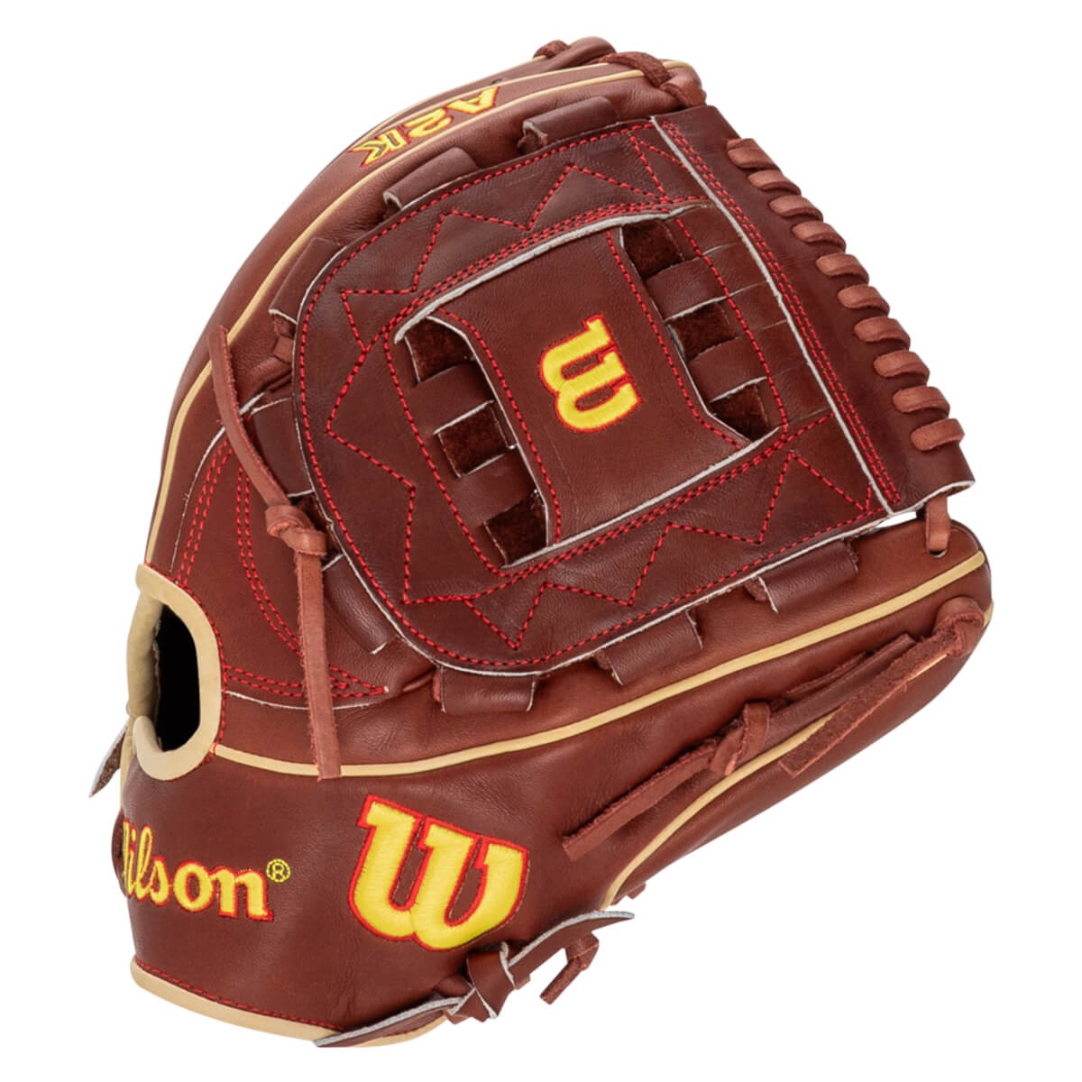 Front view of a brown baseball glove with yellow "Wilson" and "W" logos, and red stitching.