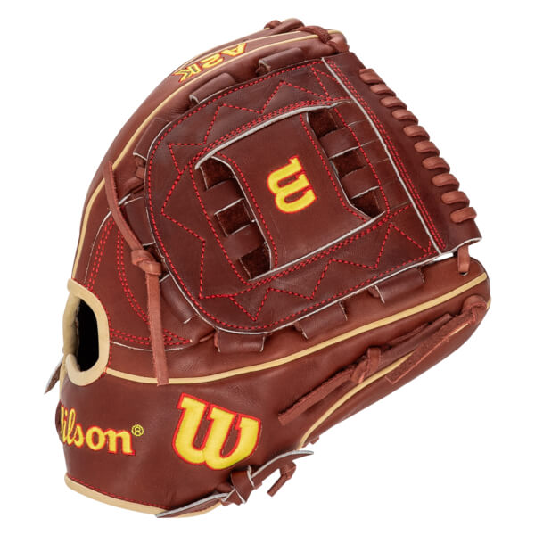 Front view of a brown baseball glove with yellow "Wilson" and "W" logos, and red stitching.