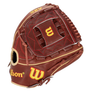 Front view of a brown baseball glove with yellow "Wilson" and "W" logos, and red stitching.