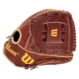 Side view of a brown baseball glove with yellow "Wilson" logo and red stitching.