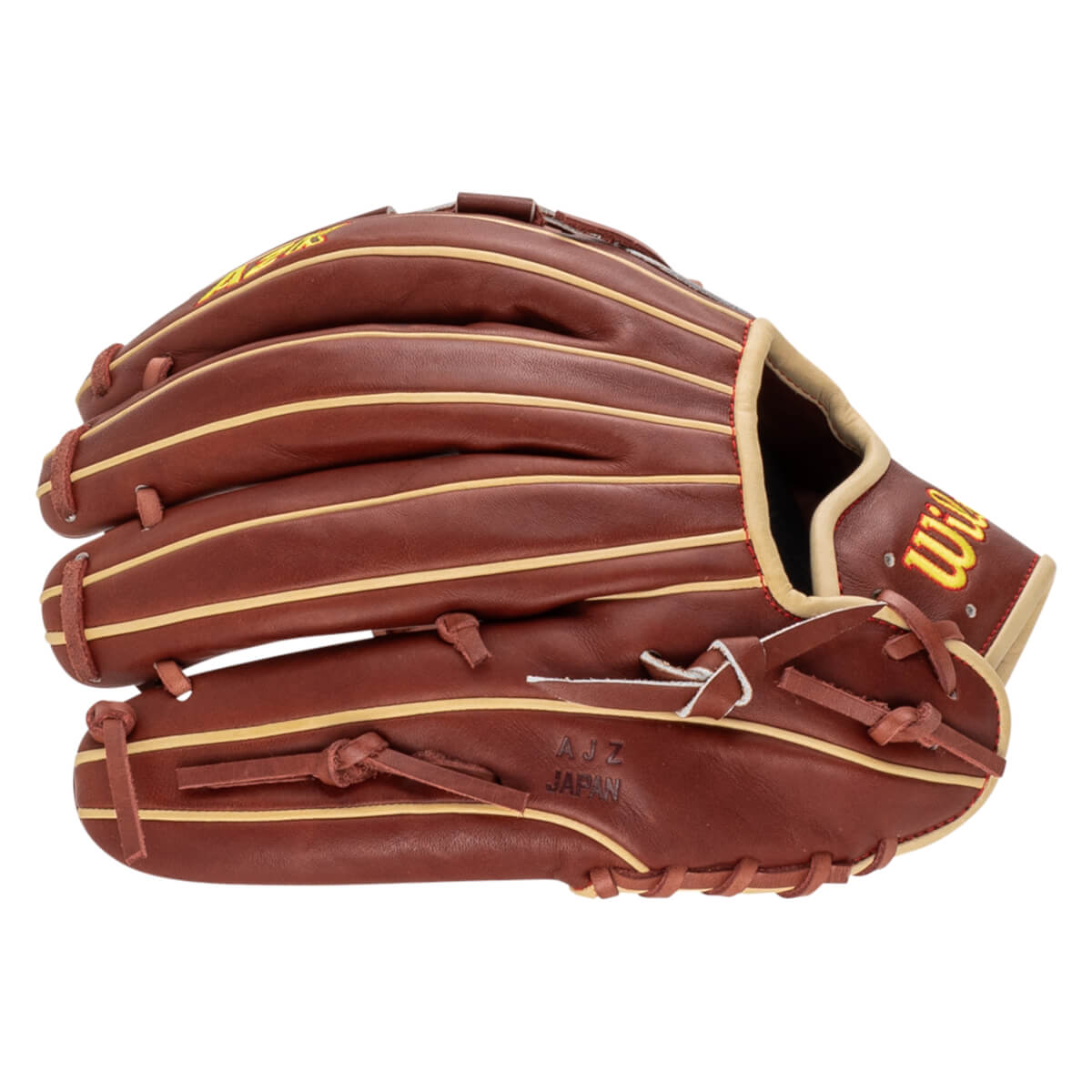 Side view of a brown baseball glove with tan lacing and yellow "WILSON" lettering.