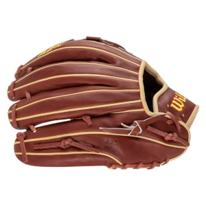 Side view of a brown baseball glove with tan lacing and yellow "WILSON" lettering.