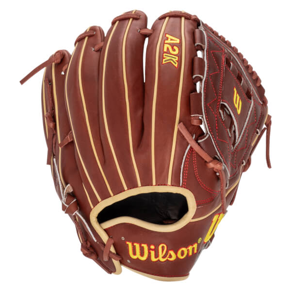 Front view of a brown Wilson A2K baseball glove with yellow stitching and "Wilson" text.