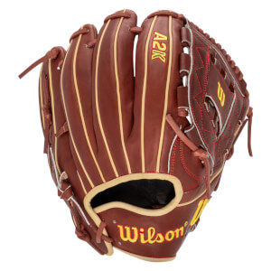 Front view of a brown Wilson A2K baseball glove with yellow stitching and "Wilson" text.