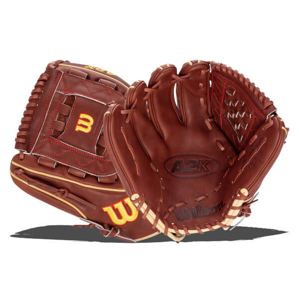 Front view of a brown Wilson A2K baseball glove with red stitching and yellow "W" logo.