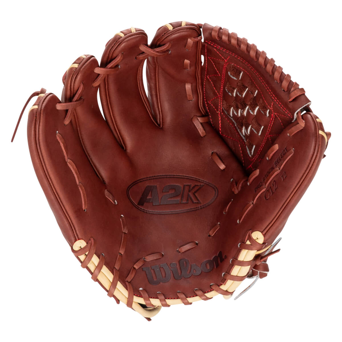 Top-down view of a brown baseball glove with "A2K" and "Wilson" logos, and "C12 12" text.