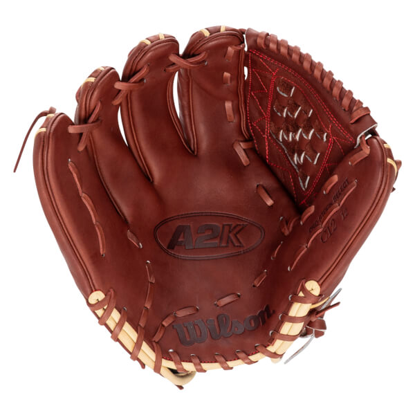 Top-down view of a brown baseball glove with "A2K" and "Wilson" logos, and "C12 12" text.