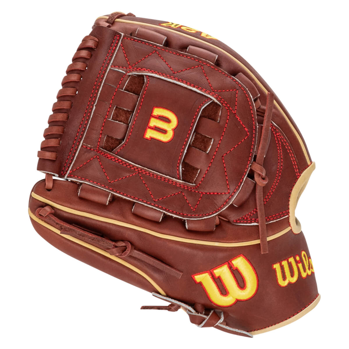 Side view of a brown baseball glove with red stitching, a yellow "W" logo, and "Wilson" text.