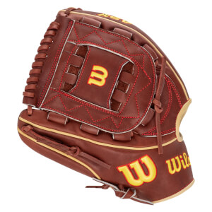 Side view of a brown baseball glove with red stitching, a yellow "W" logo, and "Wilson" text.