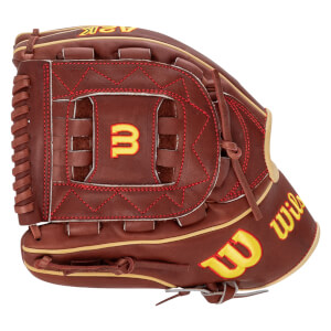 Side view of a brown baseball glove with red stitching, a yellow "B" logo, and "Wilson" text.