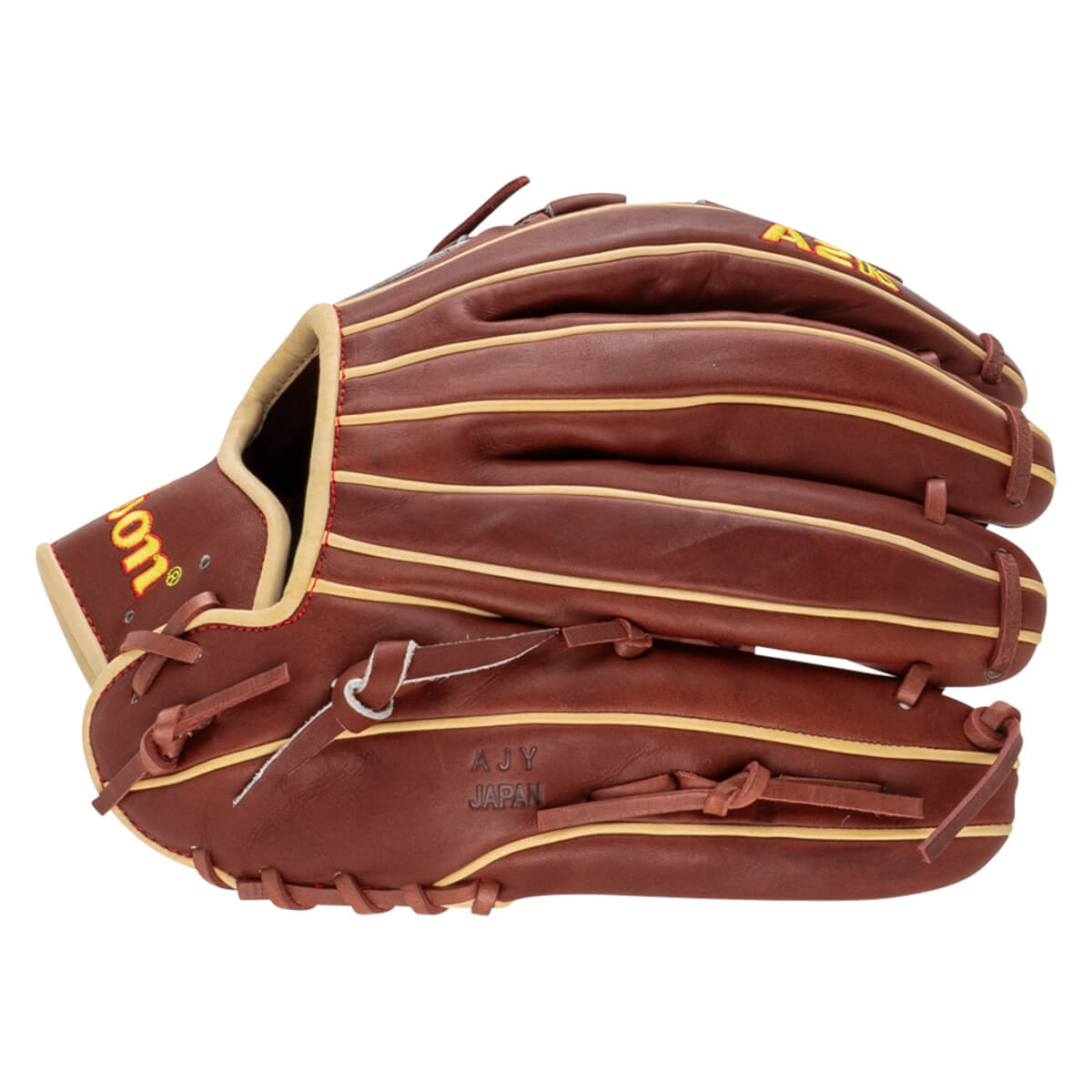 Top-down view of a brown leather baseball glove with yellow trim, showing the "Wilson" logo and "AJY JAPAN" text.
