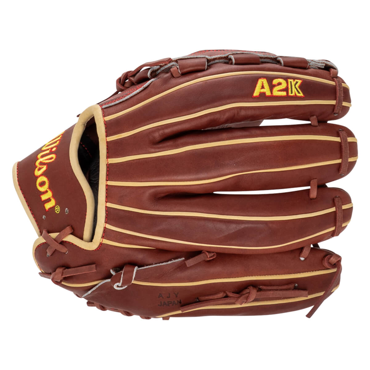 Top-down view of a brown Wilson A2K baseball glove with tan lacing and "AJY JAPAN" stamped on the palm.