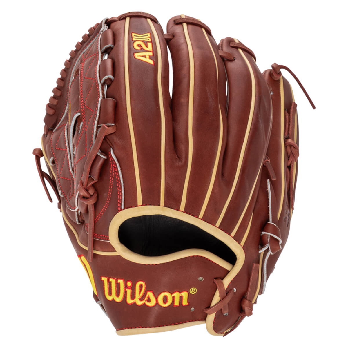 Front view of a brown baseball glove with yellow "Wilson" and "A2K" lettering, and red stitching.