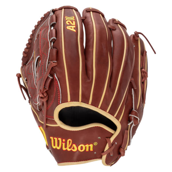 Front view of a brown baseball glove with yellow "Wilson" and "A2K" lettering, and red stitching.