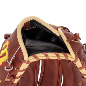 Close-up of the top opening of a brown leather baseball glove with tan lacing and a yellow "W" logo.