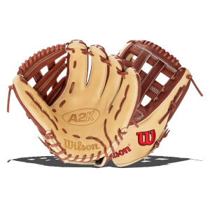 Front view of a tan and brown Wilson A2K baseball glove with "A2K", "DW5 12", and "Wilson" visible.