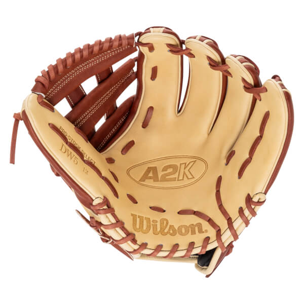 Top-down view of a tan and brown Wilson A2K baseball glove with "PRO-STOCK SELECT DW5 12" visible.
