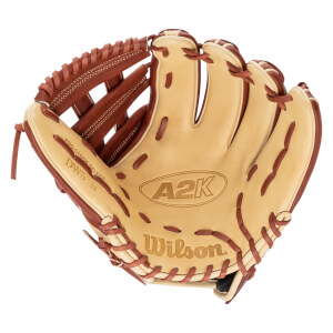 Top-down view of a tan and brown Wilson A2K baseball glove with "PRO-STOCK SELECT DW5 12" visible.