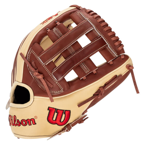 Side view of a brown and tan baseball glove with red "Wilson" logo and "W" emblem.