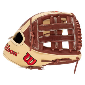 Side view of a brown and tan Wilson baseball glove with red "Wilson" lettering and a red "W" logo.