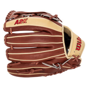 Front view of a brown baseball glove with tan accents, featuring "A2K" and "Wilson" logos.